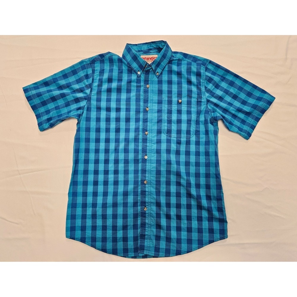 Wrangler Rugged Wear Men's L Blue Green Plaid Button Up Shirt Long Sleeve